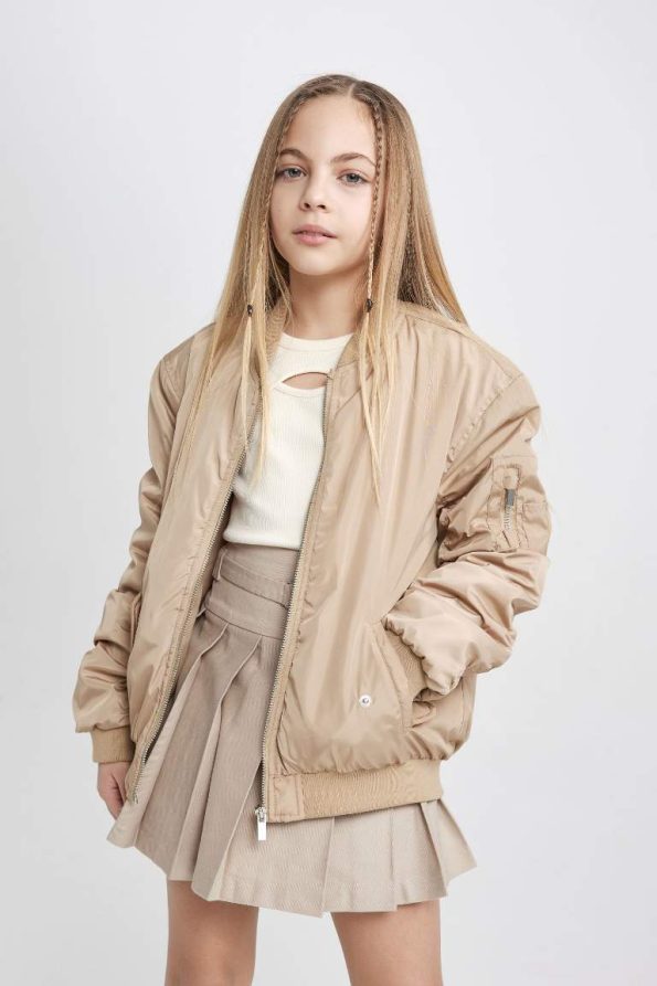 Girls' Waterproof College Collar Zip-Up Lightweight Bomber Jacket