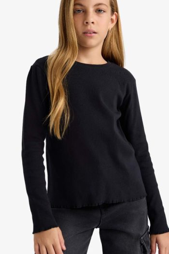 Girls' Basic Long Sleeve Ribbed School T-Shirt