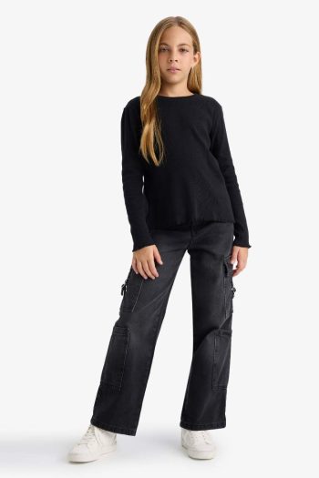 Girls' Basic Long Sleeve Ribbed School T-Shirt