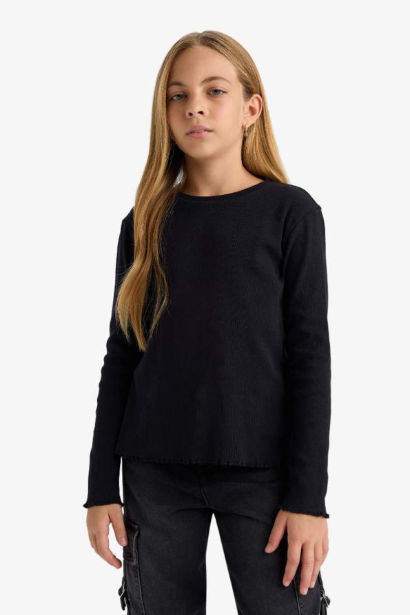 Girls' Basic Long Sleeve Ribbed School T-Shirt