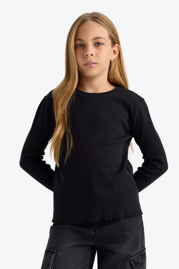Girls' Basic Long Sleeve Ribbed School T-Shirt