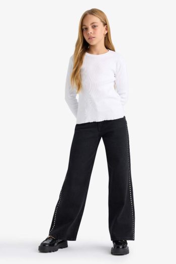 Girls' Basic Long Sleeve School T-Shirt with Round Neck