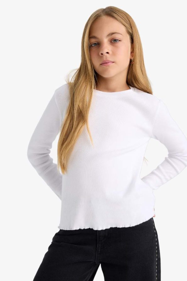Girls' Basic Long Sleeve School T-Shirt with Round Neck