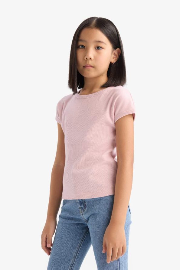 Girls' Slim Fit Short Sleeve Basic Ribbed T-Shirt