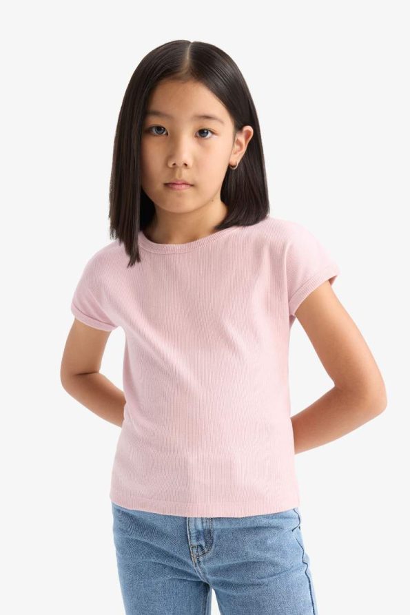 Girls' Slim Fit Short Sleeve Basic Ribbed T-Shirt