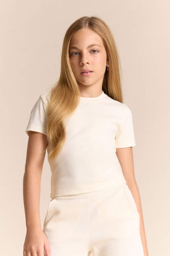 Girls' Slim Fit Short Sleeve Ribbed Basic T-Shirt
