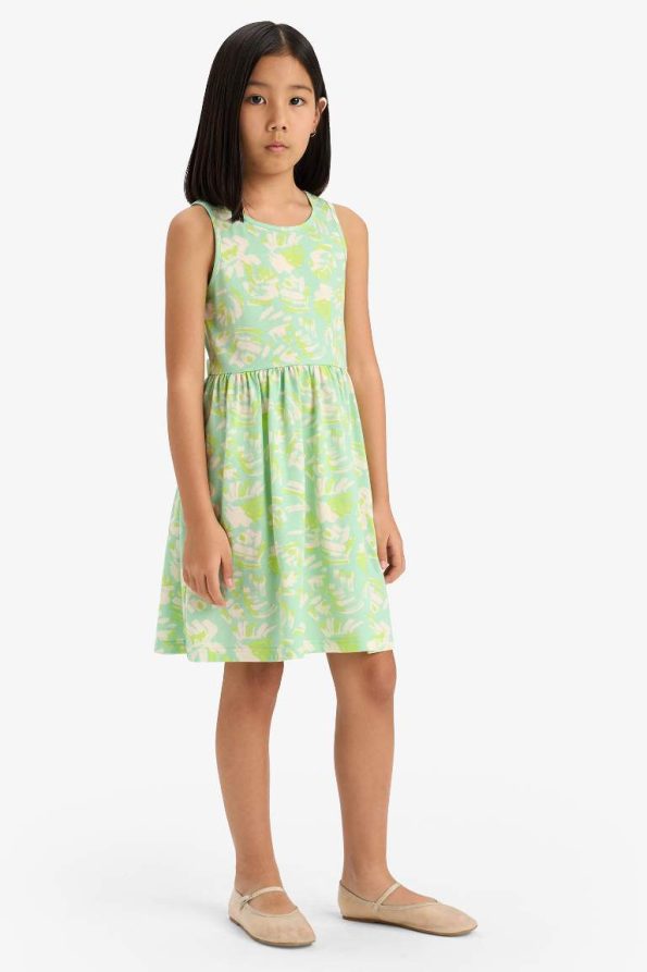 Girls' Sleeveless Summer Dress with Patterned Round Neck