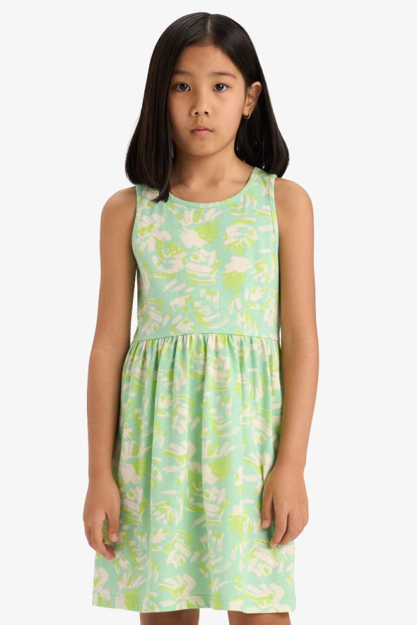 Girls' Sleeveless Summer Dress with Patterned Round Neck