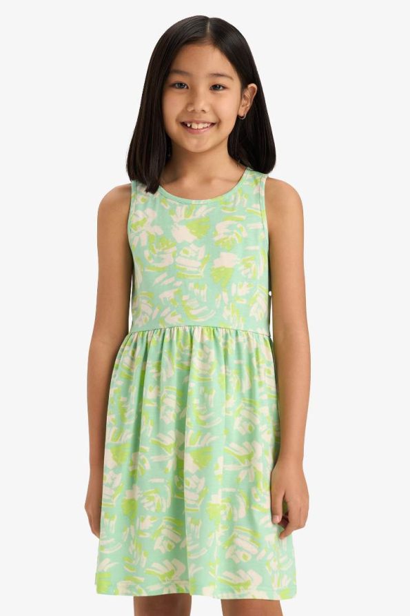 Girls' Sleeveless Summer Dress with Patterned Round Neck