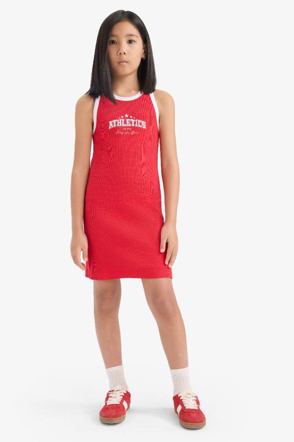 Girls' Printed Ribbed Sleeveless Summer Dress