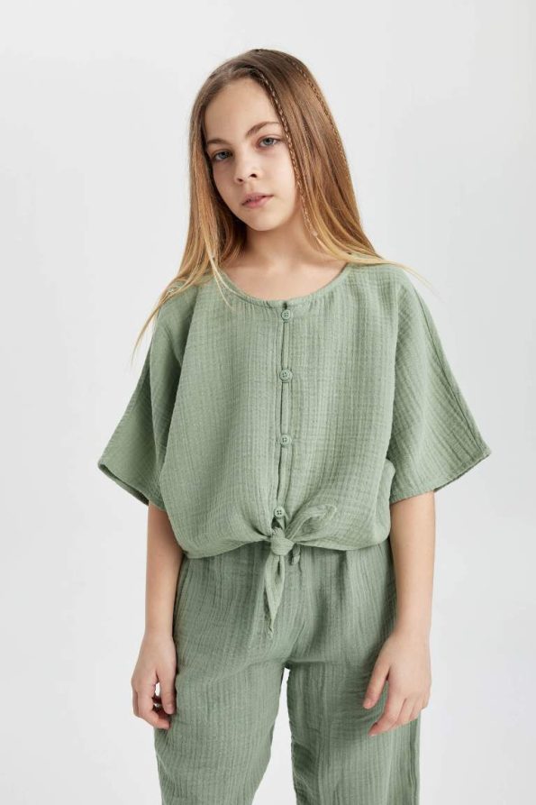 Girls' Short Sleeve Tie Front Blouse