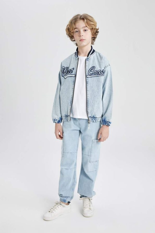 Boys' College Collar Zip-Up Pocket Printed Jean Bomber Jacket