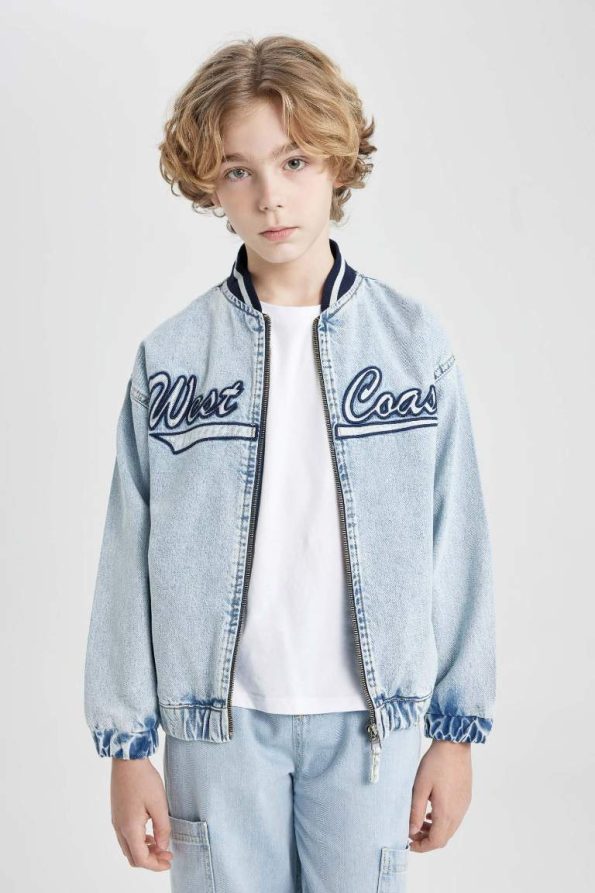Boys' College Collar Zip-Up Pocket Printed Jean Bomber Jacket