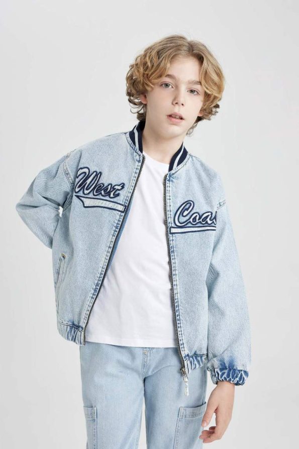 Boys' College Collar Zip-Up Pocket Printed Jean Bomber Jacket