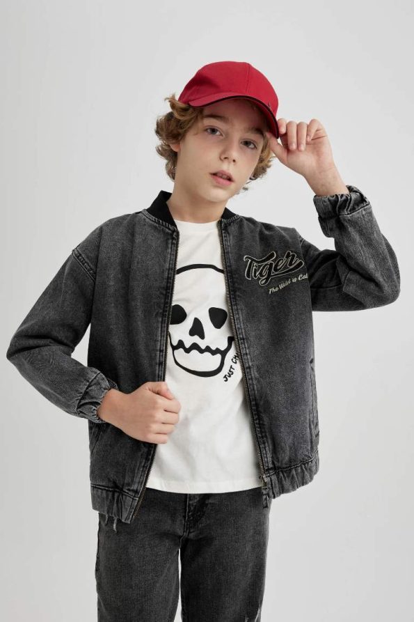 Boys' Lightweight Jean Bomber Jacket with Zip and Double Pockets
