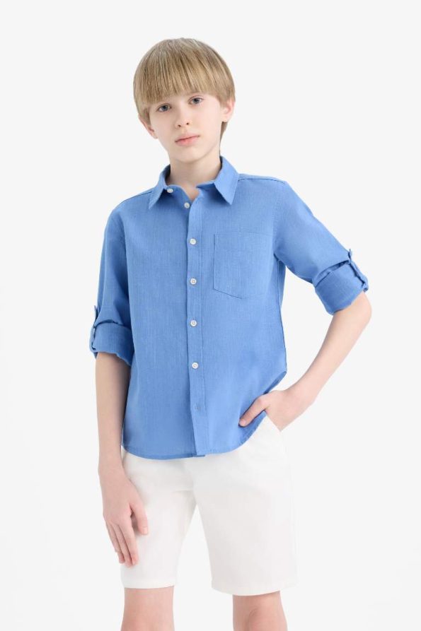 Boys' Long Sleeve Polo Collar Linen Look Shirt
