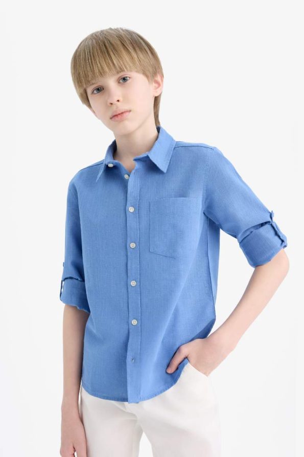 Boys' Long Sleeve Polo Collar Linen Look Shirt