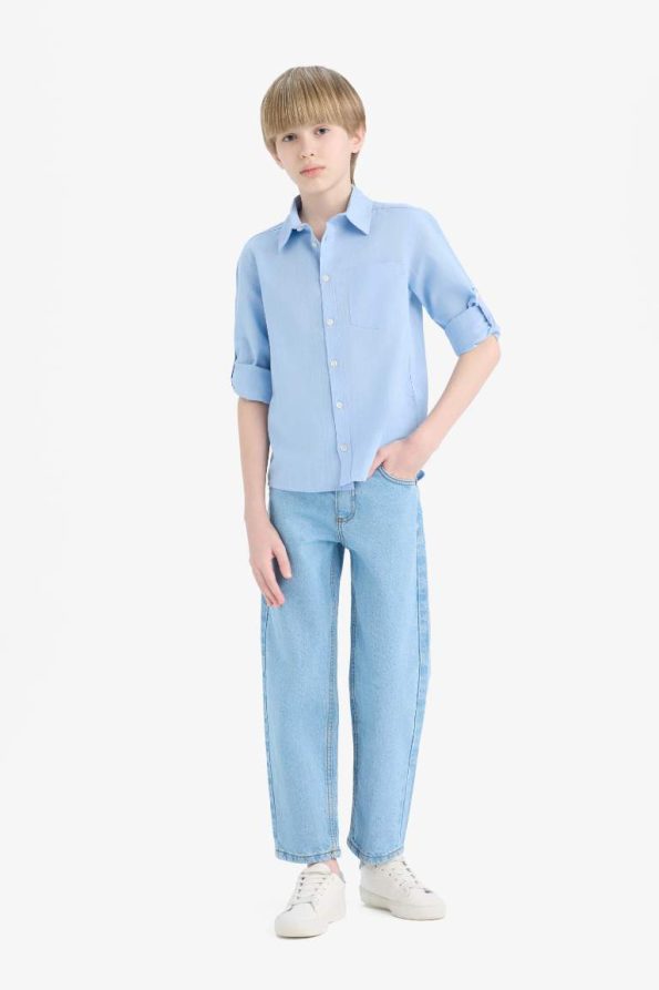 Boys' Long Sleeve Polo Neck Linen Look Shirt