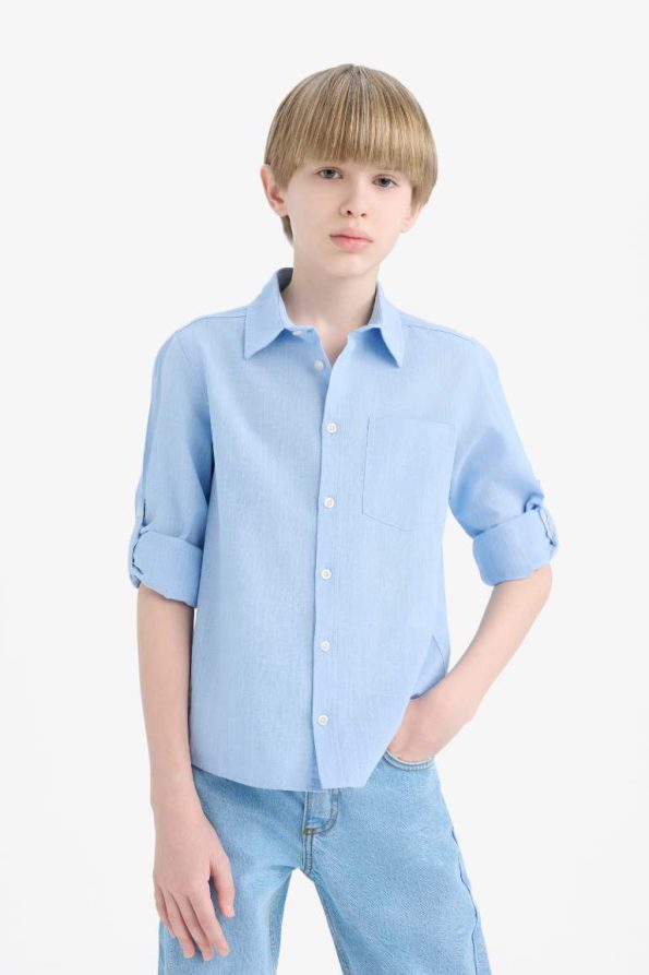 Boys' Long Sleeve Polo Neck Linen Look Shirt