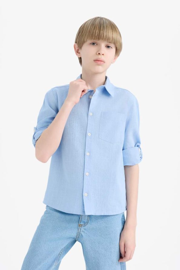 Boys' Long Sleeve Polo Neck Linen Look Shirt