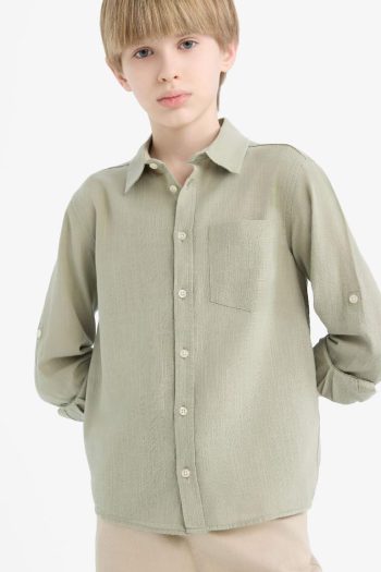 Boys' Long Sleeve Polo Collar Linen Look Shirt