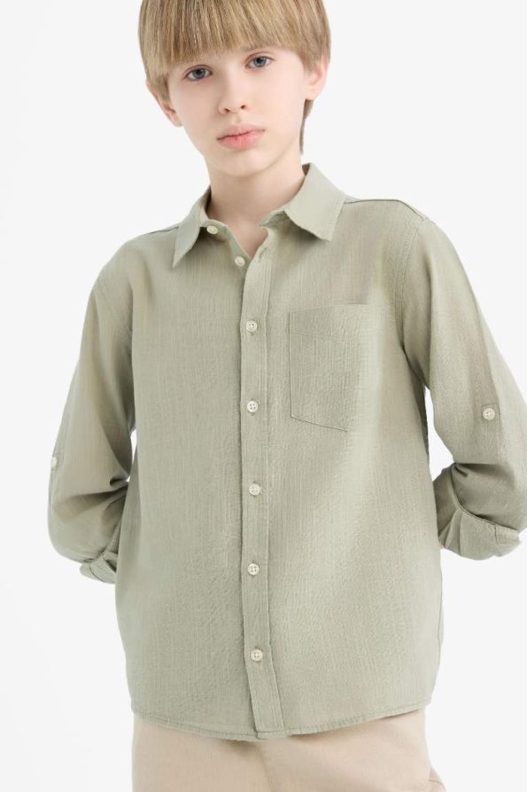 Boys' Long Sleeve Polo Collar Linen Look Shirt