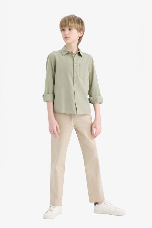 Boys' Long Sleeve Polo Collar Linen Look Shirt