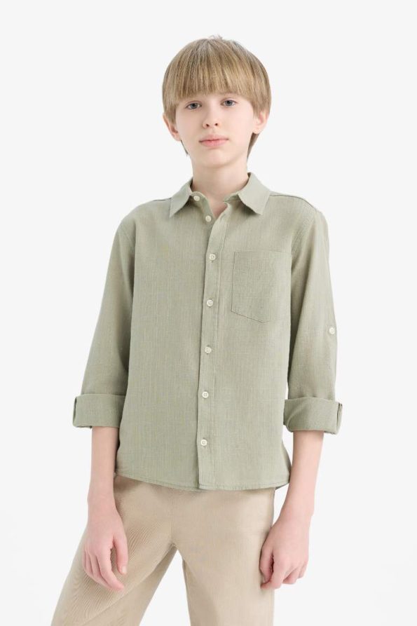Boys' Long Sleeve Polo Collar Linen Look Shirt