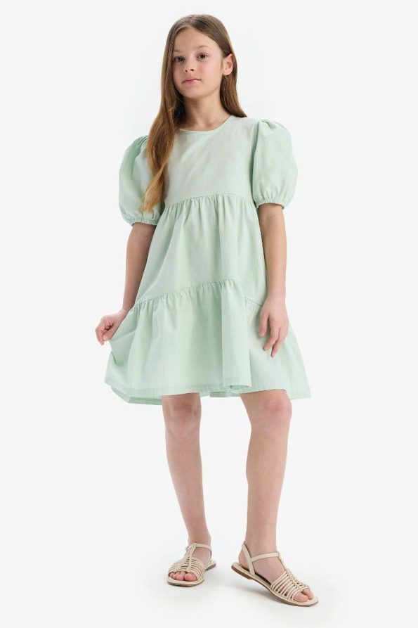 Girls' Short Sleeve Cotton Summer Dress with Bicycle Neckline