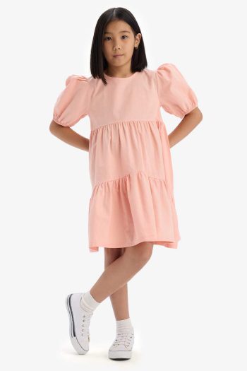 Girls' Short Sleeve Cotton Summer Dress with Crew Neck