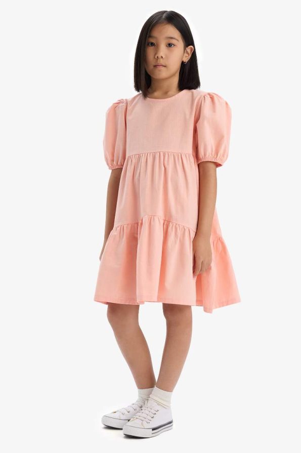Girls' Short Sleeve Cotton Summer Dress with Crew Neck