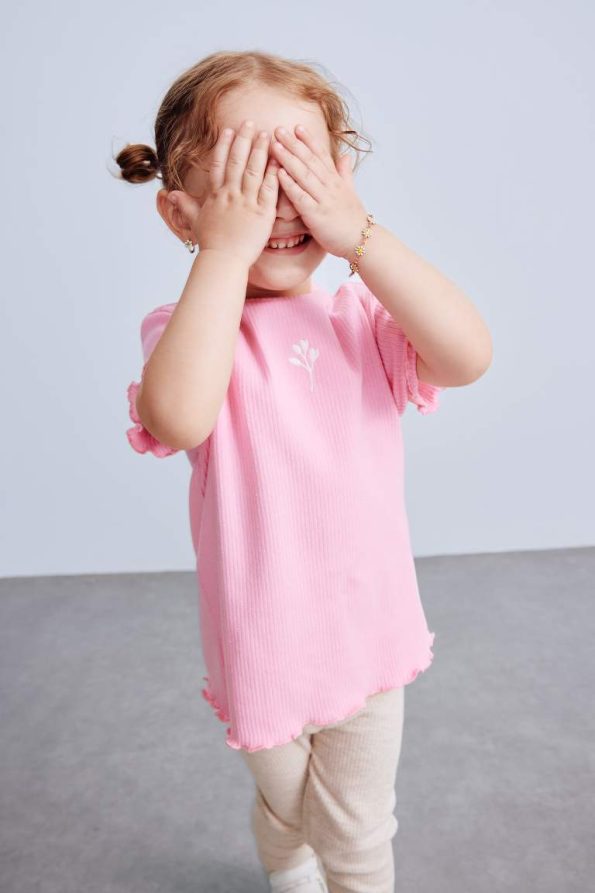 Girls' Short Sleeve Floral Ribbed T-Shirt