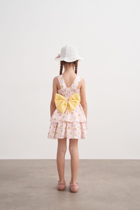 Hat with Bow Pattern Ruffled Dress