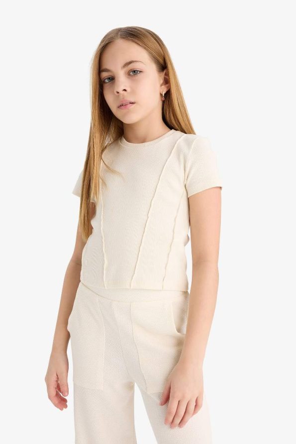 Girls' Slim Fit Basic Ribbed Short Sleeve T-Shirt