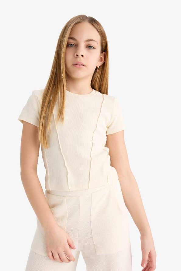 Girls' Slim Fit Basic Ribbed Short Sleeve T-Shirt