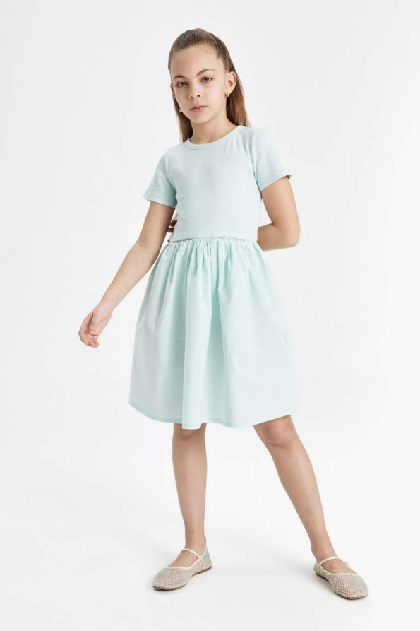 Girls' Short Sleeve Cotton Summer Dress with Bicycle Neck
