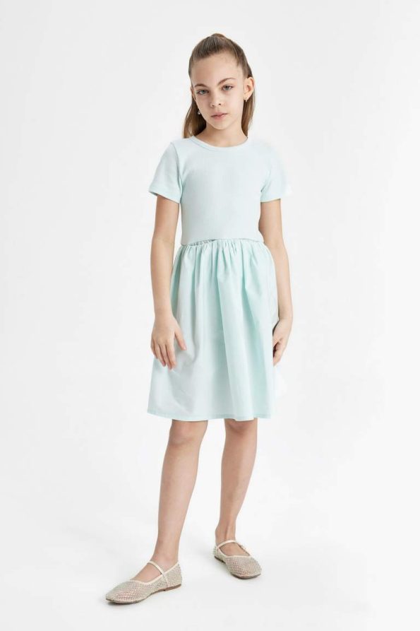 Girls' Short Sleeve Cotton Summer Dress with Bicycle Neck
