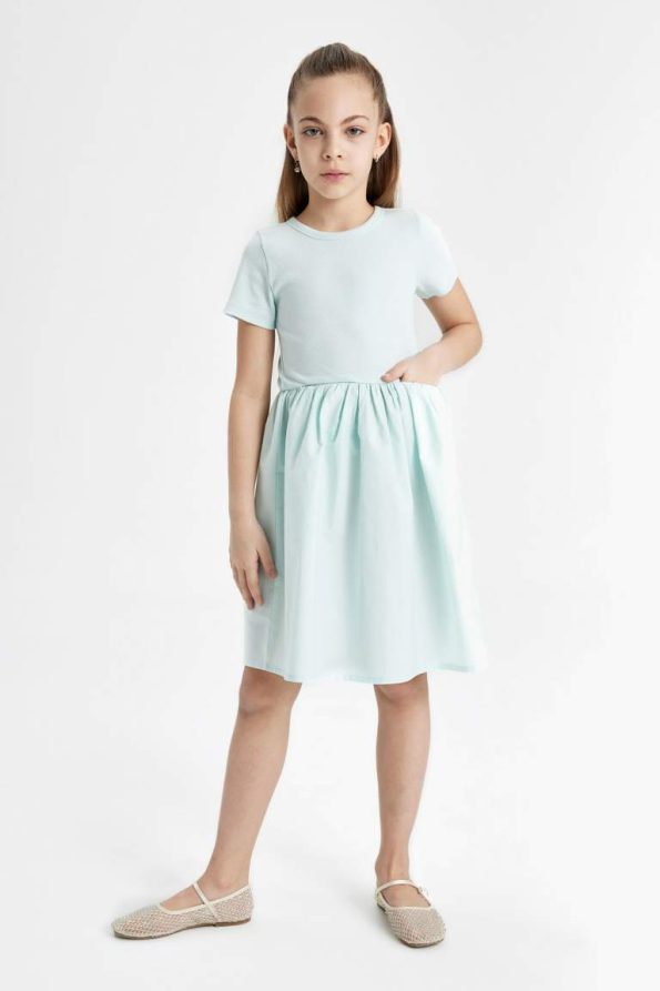 Girls' Short Sleeve Cotton Summer Dress with Bicycle Neck