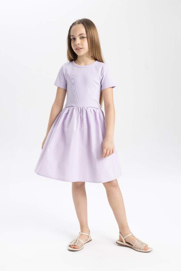 Girls' Cotton Short Sleeve Dress with Bicycle Neck