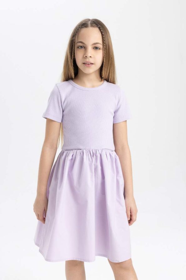Girls' Cotton Short Sleeve Dress with Bicycle Neck