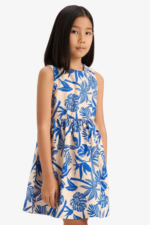 Girls' Patterned Poplin Sleeveless Summer Dress
