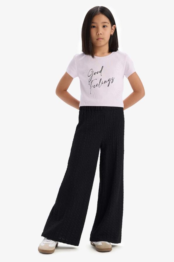 Girls' Ribbed Jersey 2-Piece Set with Printed Short Sleeve T-Shirt and Wide Leg Pants