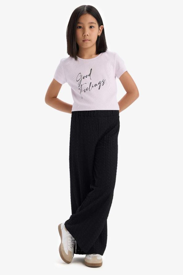 Girls' Ribbed Jersey 2-Piece Set with Printed Short Sleeve T-Shirt and Wide Leg Pants
