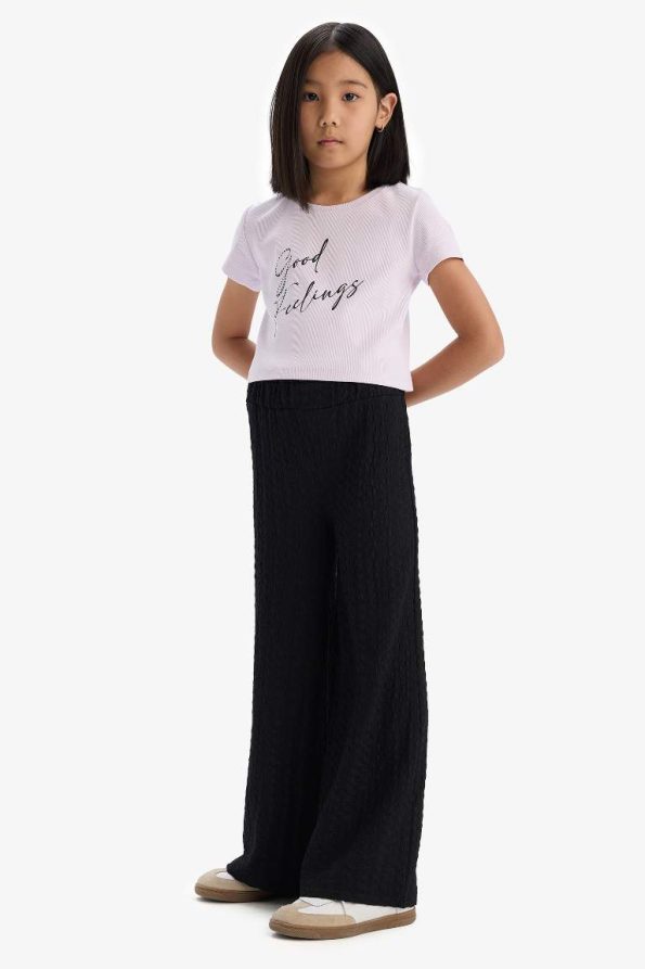 Girls' Ribbed Jersey 2-Piece Set with Printed Short Sleeve T-Shirt and Wide Leg Pants