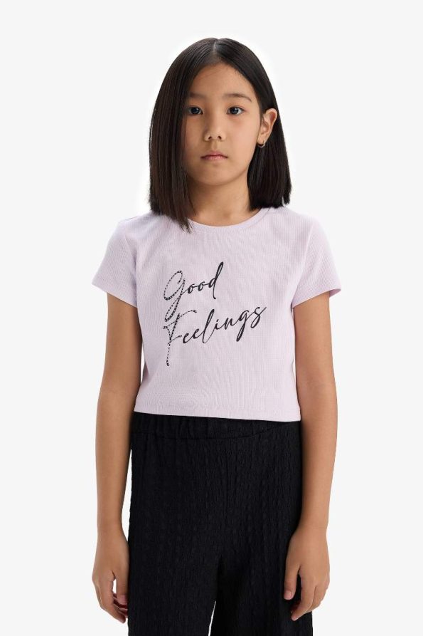 Girls' Ribbed Jersey 2-Piece Set with Printed Short Sleeve T-Shirt and Wide Leg Pants