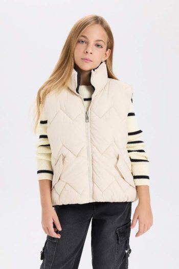 Girls' Water-Resistant Puffer Vest with Large Collar and Pockets