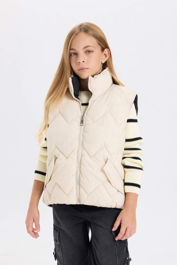 Girls' Water-Resistant Puffer Vest with Large Collar and Pockets