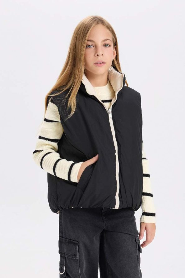 Girls' Water-Resistant Puffer Vest with Large Collar and Pockets