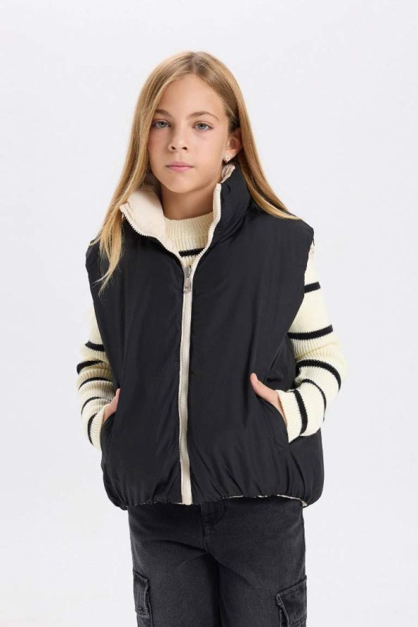 Girls' Water-Resistant Puffer Vest with Large Collar and Pockets