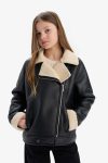 Girls' Water-Resistant Faux Leather Jacket with Plush Lining
